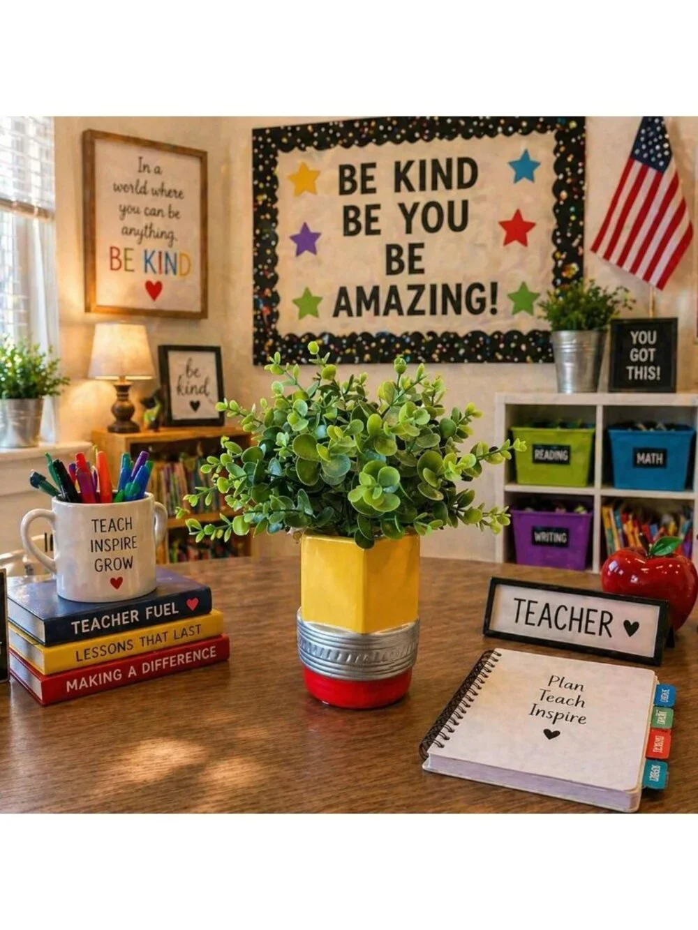 New Teacher Classroom Pencil Green Leaf Desk Fake Plant Room Home Decor